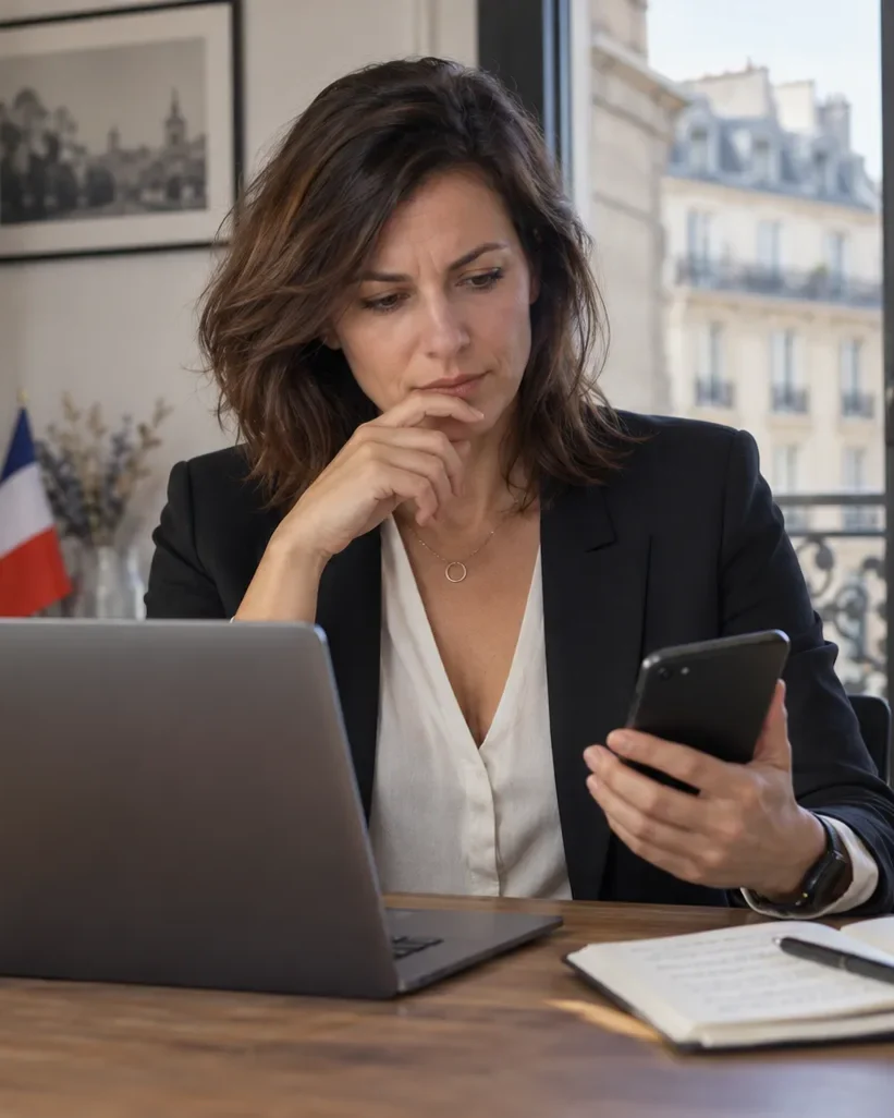 Dirigeante à son bureau, téléphone en main, ordinateur portable et carnet ouverts devant elle